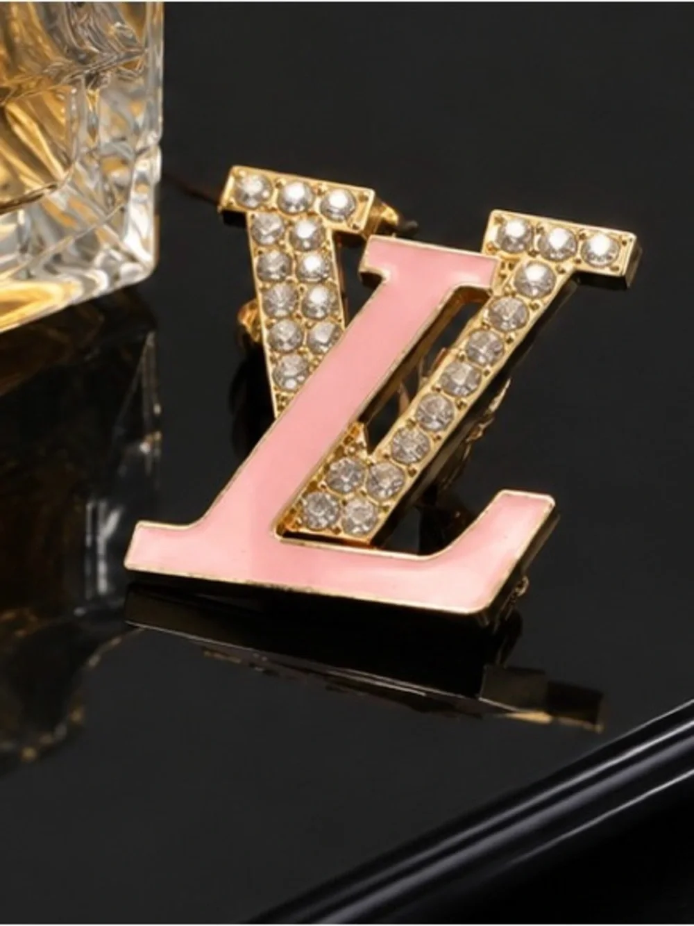 Pink & Gold-Tone Rhinestone Monogram-Style Brooch – Statement Pin